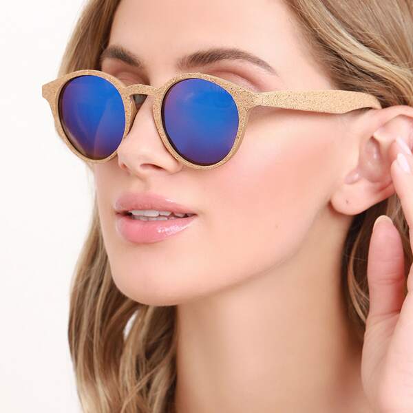 

Cork Detail Round Wayfarer Style Sunglasses, Blue