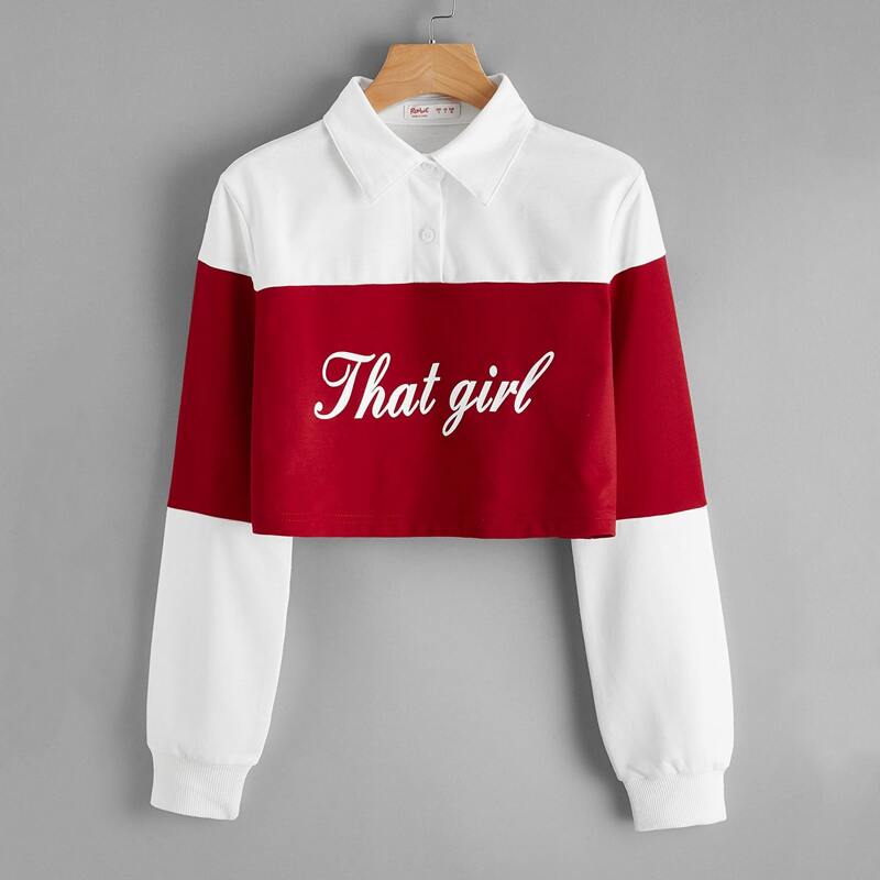 

Letter Graphic Colorblock Half Button Sweatshirt, Red and white