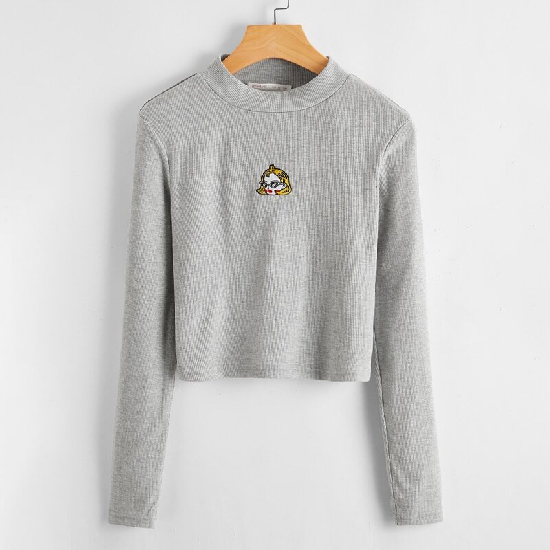 

Figure Embroidery Ribbed Tee, Grey