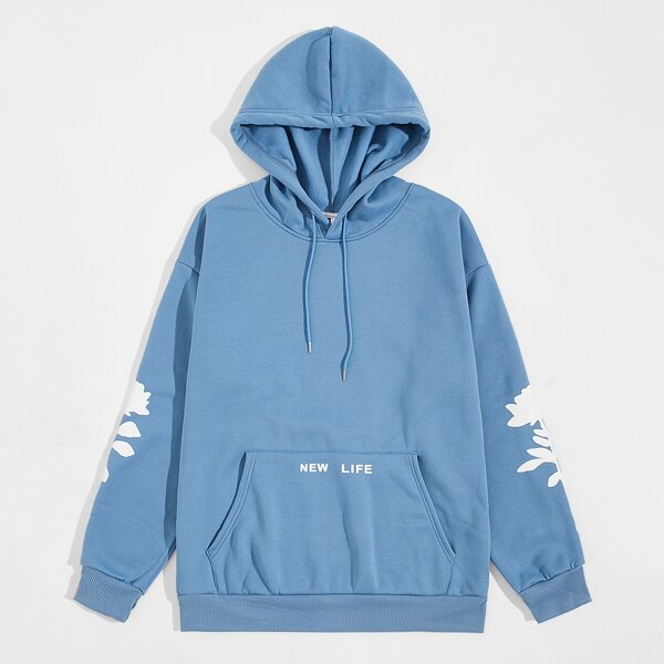 

Men Floral & Letter Graphic Hoodie, Blue