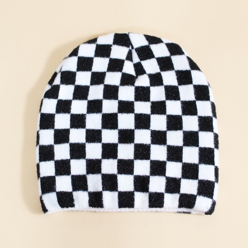 

Plaid Pattern Beanie, Black and white