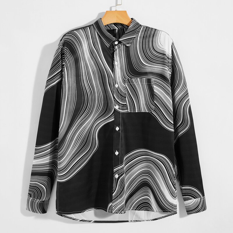 

Men Striped Button Through Shirt, Black and white