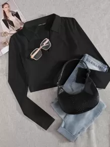 SHEIN Qutie Solid V-neck Collar Crop Tee - Black - View 1