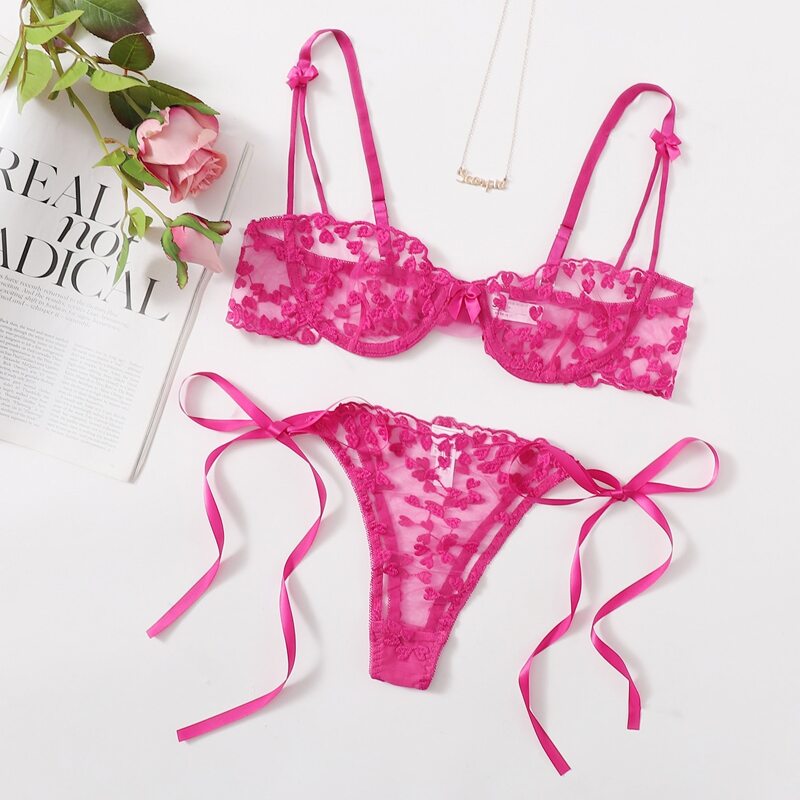 

Heart Embroidered Mesh Underwire Lingerie Set, Hot pink
