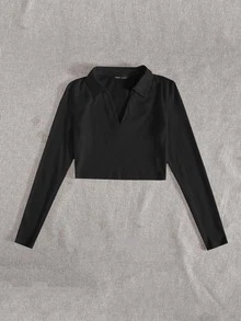 SHEIN Qutie Solid V-neck Collar Crop Tee - Black - View 3