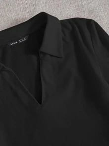 SHEIN Qutie Solid V-neck Collar Crop Tee - Black - View 4