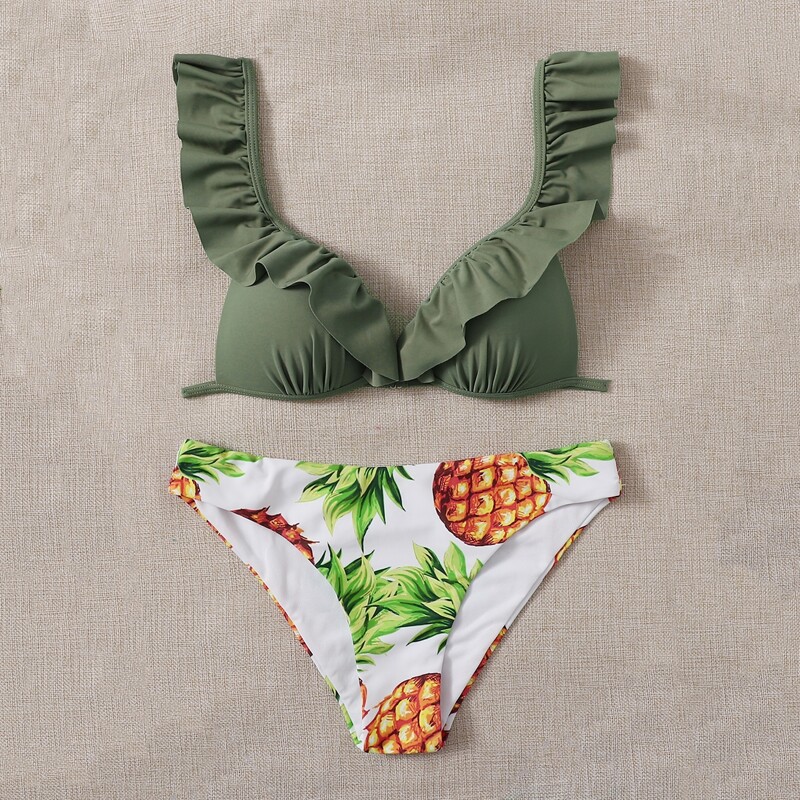 

Pineapple Print Ruffle Trim Bikini Swimsuit, Multicolor