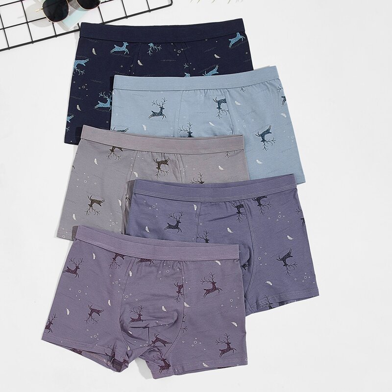 

Guys 5pcs Elk Print Boxer Brief, Multicolor