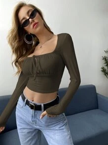 SHEIN Privé Ruched Self-Tie Bodice Crop Top - Army Green - View 5