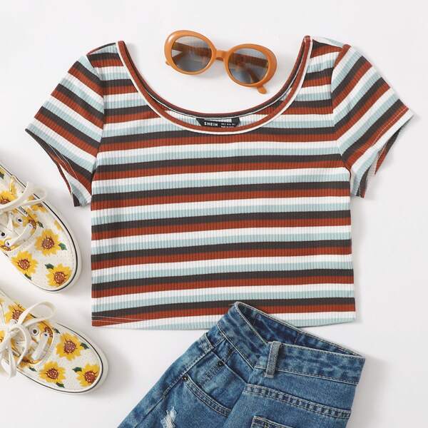 

Striped Rib-knit Crop Tee, Multicolor