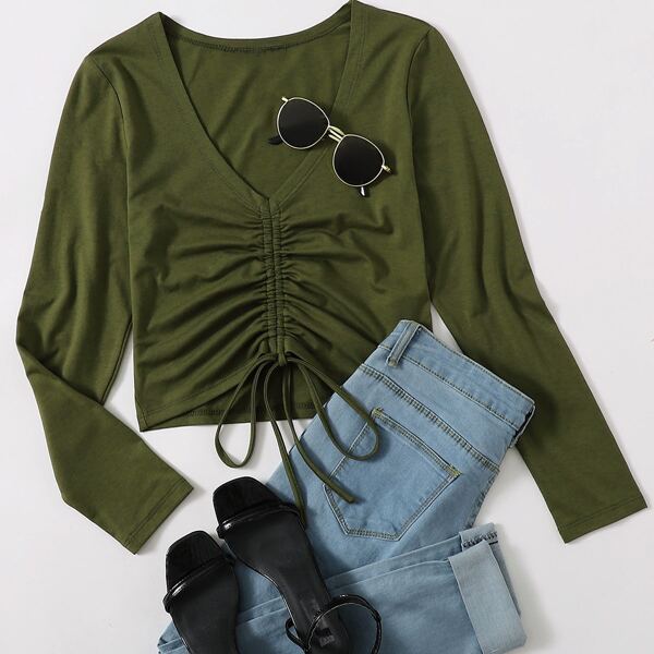 

Solid V-Neck Ruched Drawstring Tee, Army green