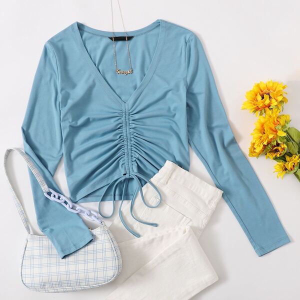 

Solid V-Neck Ruched Drawstring Tee, Blue