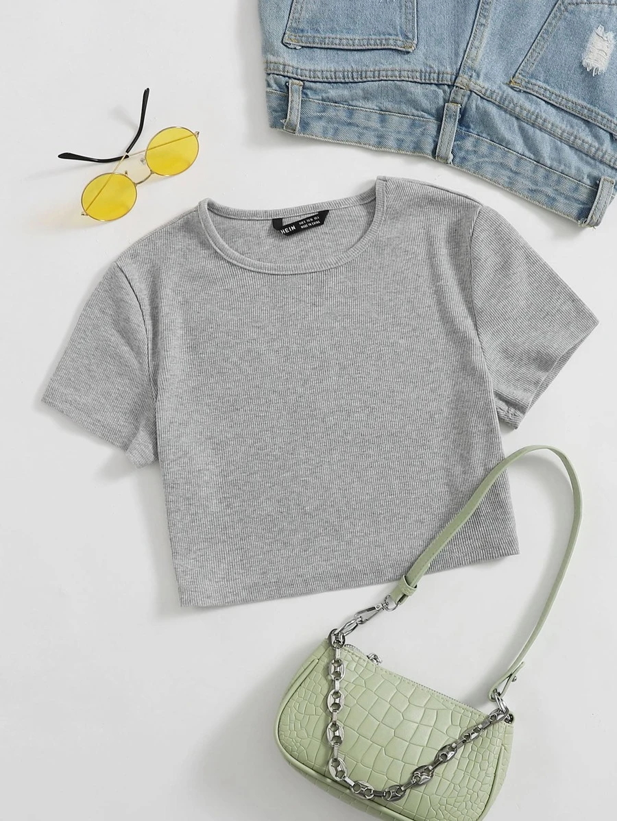 Muchica Camiseta corta tejida de canalé unicolor - Gris Claro - Ver 1
