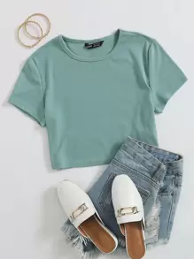 SHEIN EZwear 紐扣羅紋針織短版T恤 - 綠色 - 查看 1