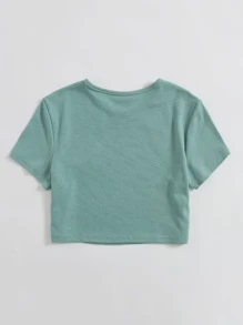 SHEIN EZwear 紐扣羅紋針織短版T恤 - 綠色 - 查看 2