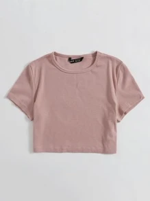 SHEIN EZwear 紐扣羅紋針織短版T恤 - 藕粉色 - 查看 3