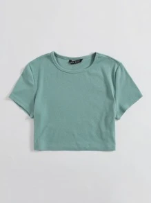 SHEIN EZwear 紐扣羅紋針織短版T恤 - 綠色 - 查看 3