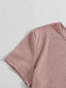 SHEIN EZwear 紐扣羅紋針織短版T恤 - 藕粉色 - 查看 4