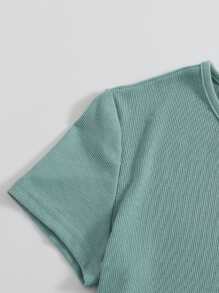 SHEIN EZwear 紐扣羅紋針織短版T恤 - 綠色 - 查看 4