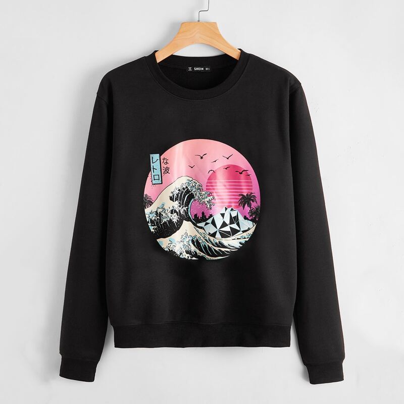

ROMWE X Vincenttrinidadart Japanese Letter & Wave Graphic Pullover, Black