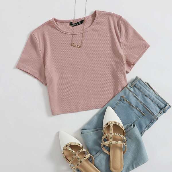 

Buttoned Rib Knit Crop Tee, Dusty pink
