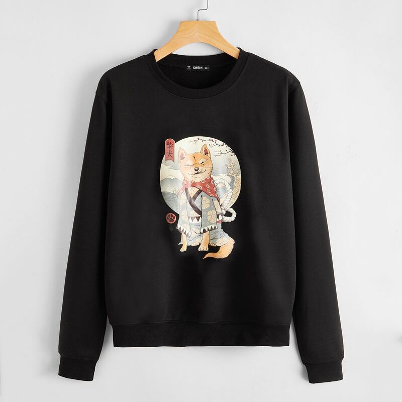 

ROMWE X Vincenttrinidadart Chinese Letter & Dog Graphic Pullover, Black