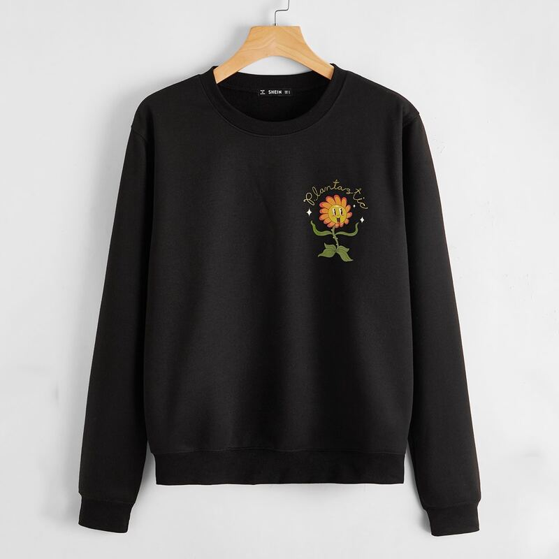 

ROMWE X Vincenttrinidadart Letter & Flower Print Pullover, Black