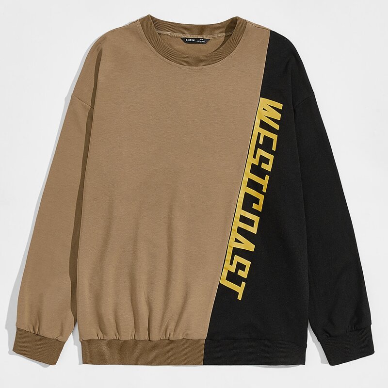 

Guys Letter Graphic Drop Shoulder Colorblock Pullover, Khaki