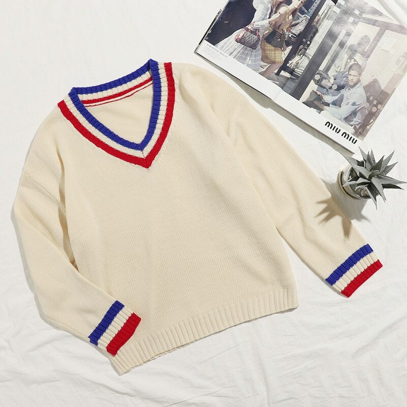 

V Neck Striped Cricket Sweater, Beige