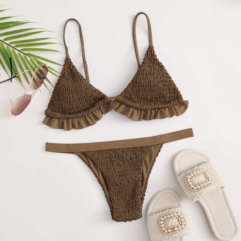 

Smocked Frill Triangle Thong Bikini Swimsuit, Coffee brown
