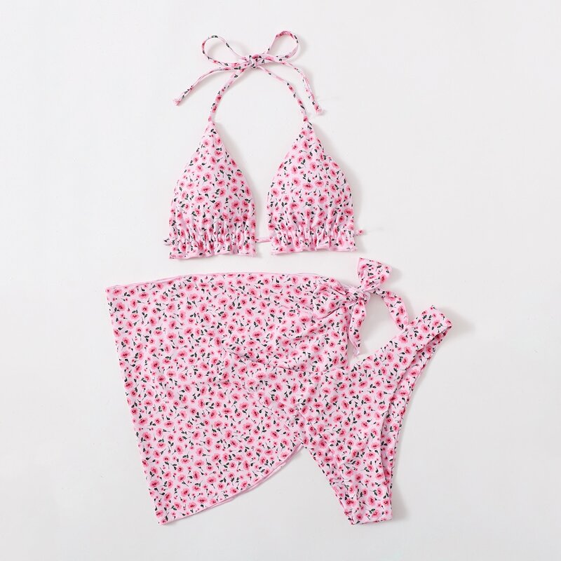 

3pack Ditsy Floral Ruffle Triangle Halter Bikini Swimsuit, Pastel baby pink