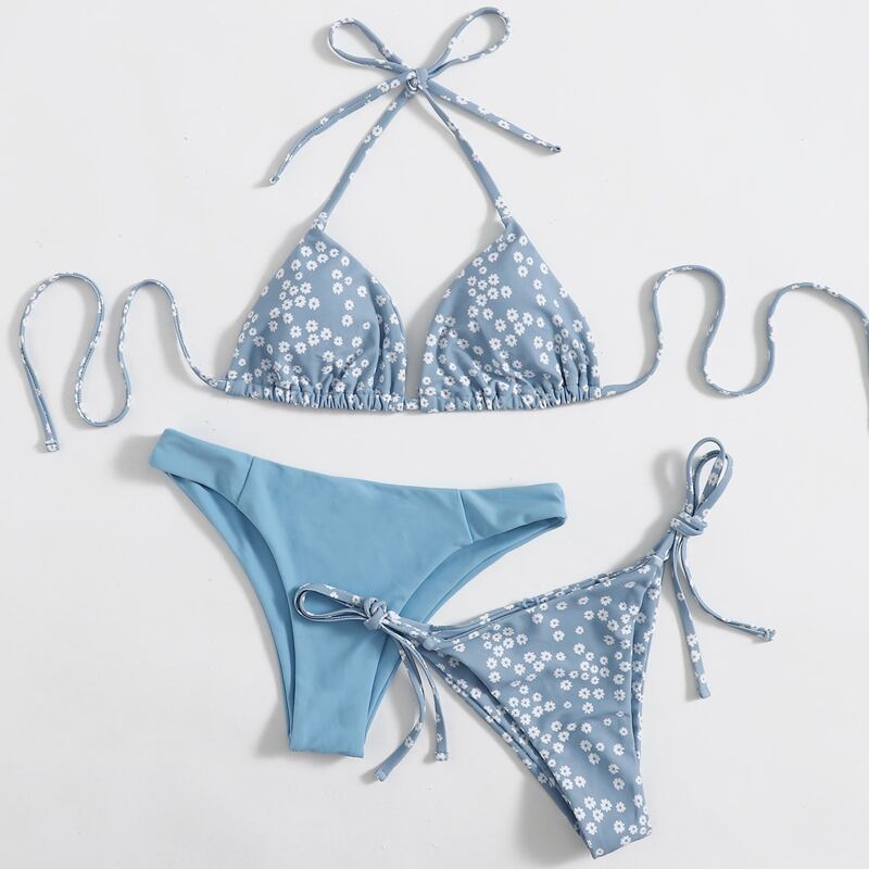 

3pack Ditsy Floral Triangle Tie Side Bikini Swimsuit, Pastel dusty blue