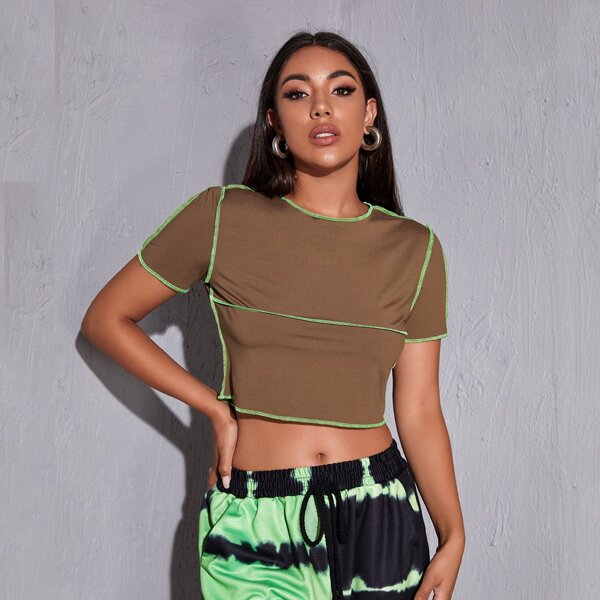

Contrast Neon Stitch Detail Crop Top, Mocha brown