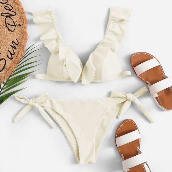 

Ruffle Trim Tie Side Bikini Swimsuit, Beige