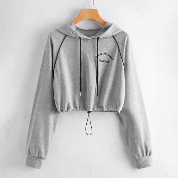 

Letter Embroidery Raglan Sleeve Drawstring Hoodie, Grey