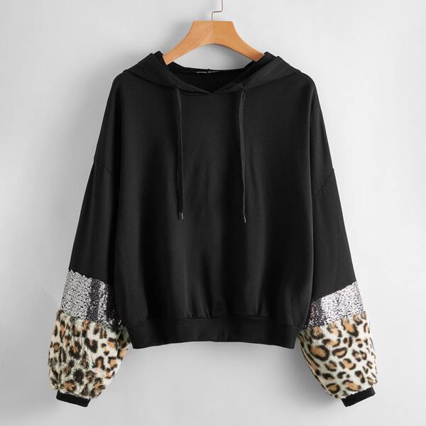 

Contrast Sequin & Leopard Drawstring Hoodie, Black