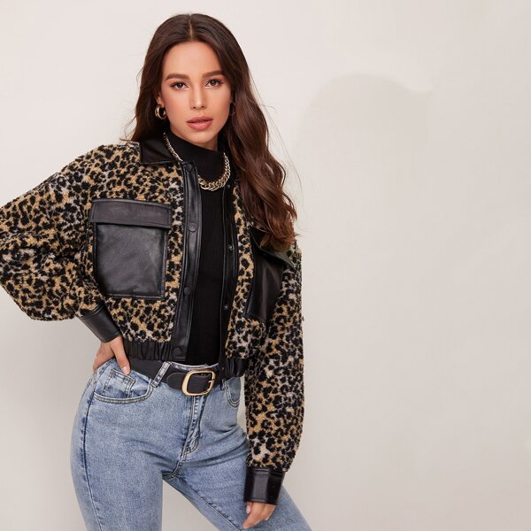 

PU Leather Collared and Trim Flap Pocket Front Leopard Teddy Jacket, Multicolor
