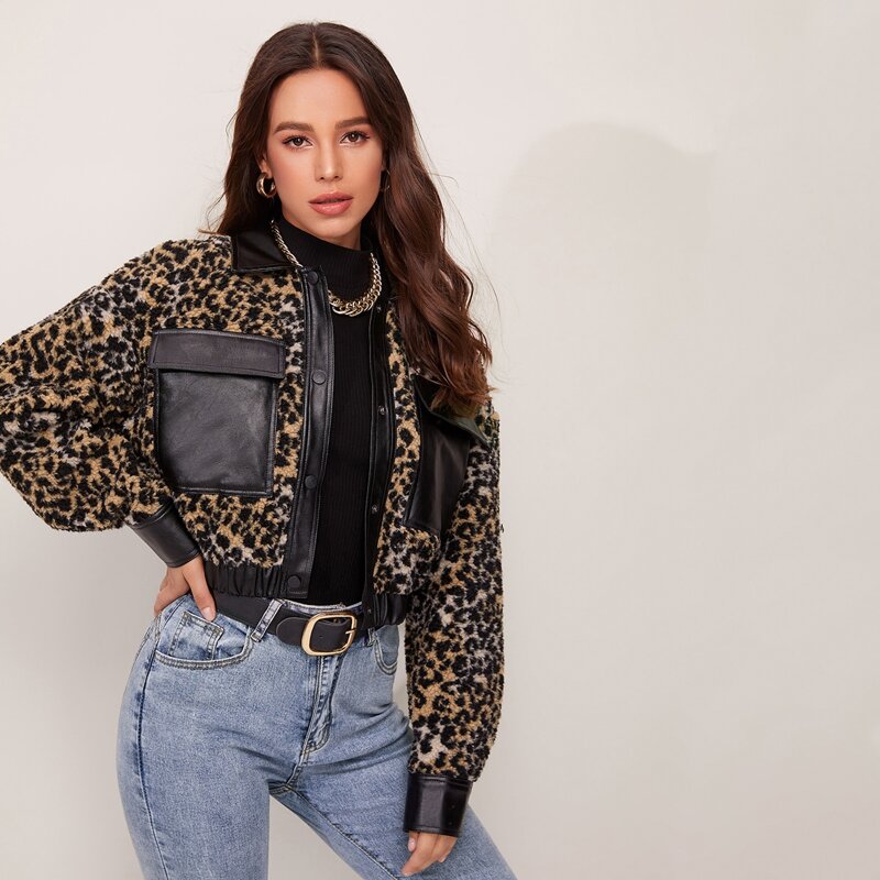

PU Leather Collared and Trim Flap Pocket Front Leopard Teddy Jacket, Multicolor