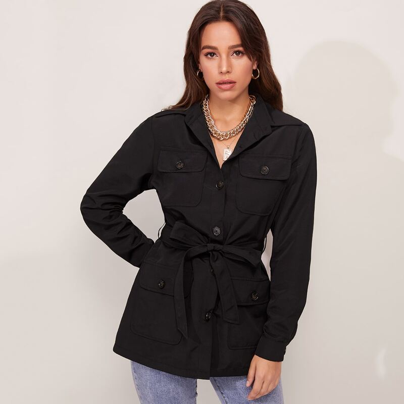 

Collared Single Breasted Flap Pocket Front Self Belted Coat, Black