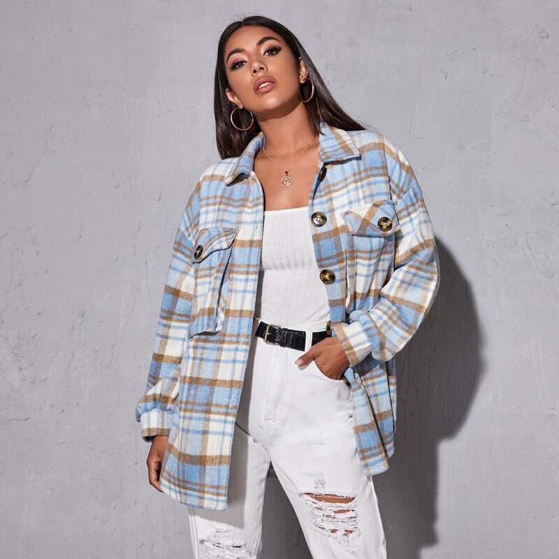 

Flap Pocket Front Plaid Coat, Multicolor