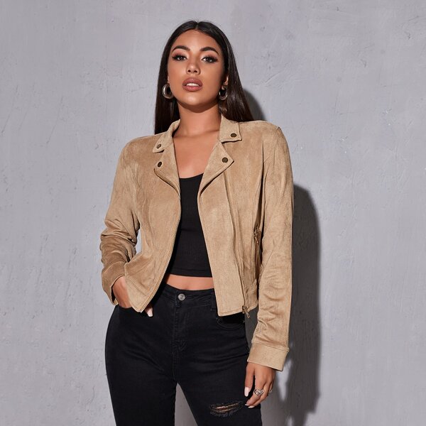 

Notched Collar Zip Up Moto Jacket, Apricot