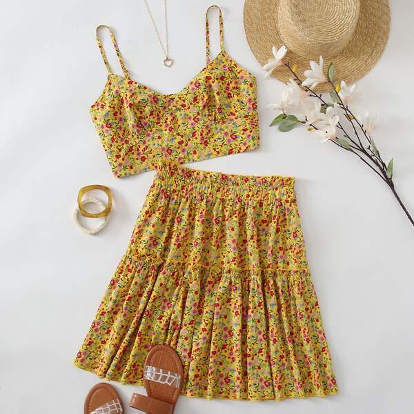 

Plus Ruched Bust Ditsy Floral Cami Top & Frilled Skirt Set, Mustard yellow