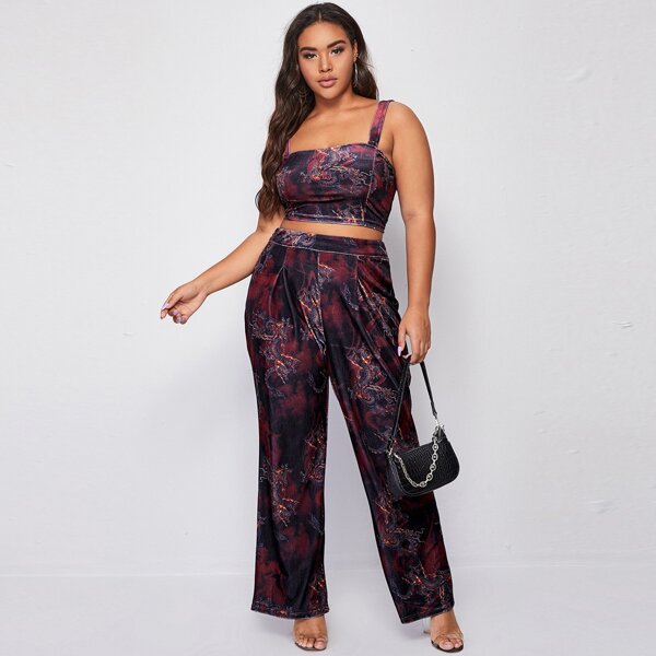 

Plus Chinese Dragon Print Velvet Cami Top & Pants Set, Multicolor