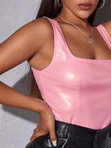 SHEIN SXY 方形領PU皮革背心上衣 - 淺粉色 - 查看 5