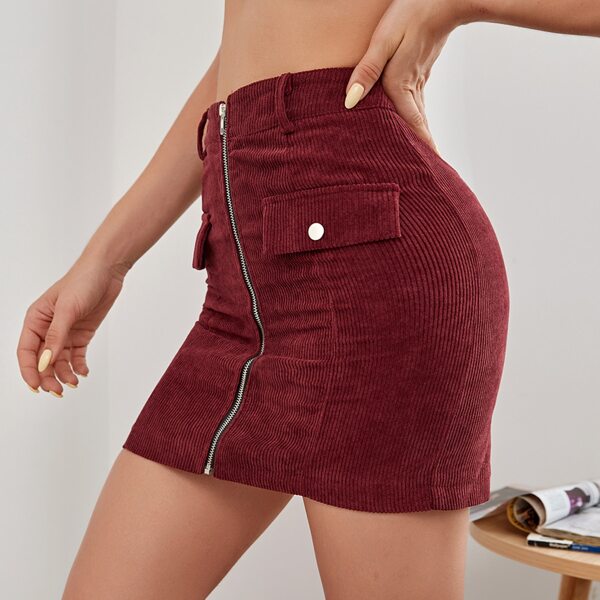 

Zip Front Corduroy Skirt, Burgundy
