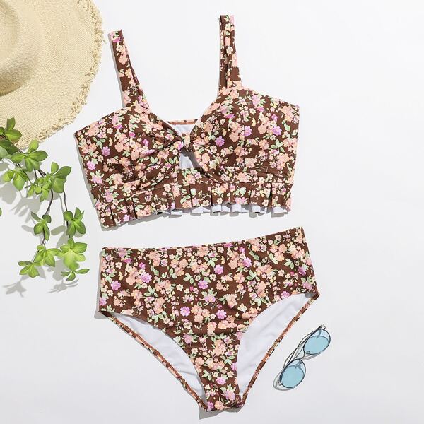 

Plus Ditsy Floral Ruffle Knot Front Bikini Swimsuit, Multicolor