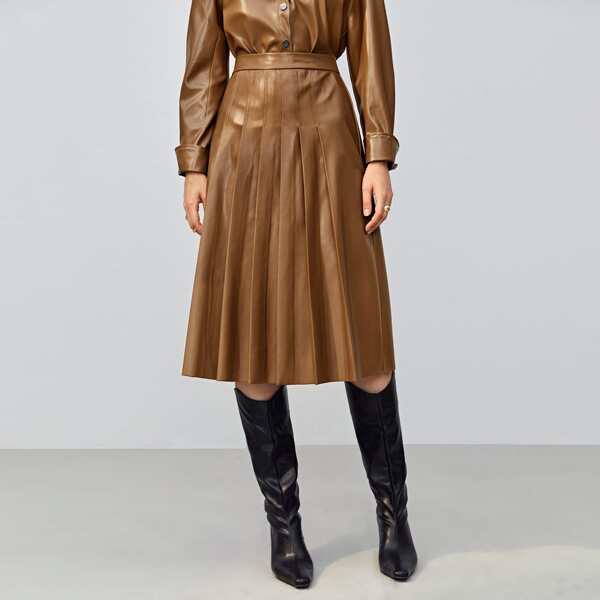 

Pleated PU Leather Skirt, Brown