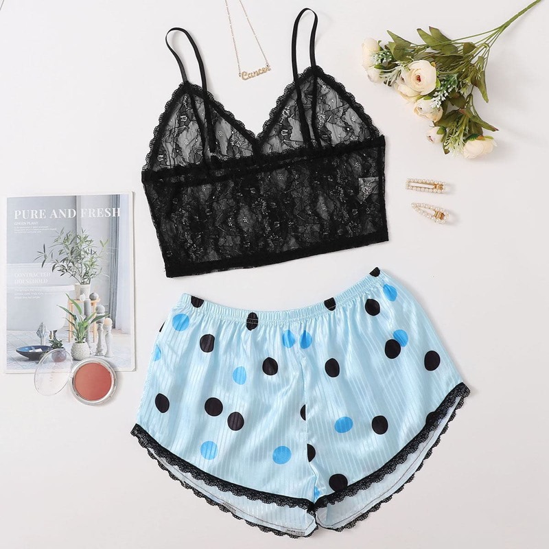 

Sheer Lace Bralette & Polka Dot Shorts, Multicolor