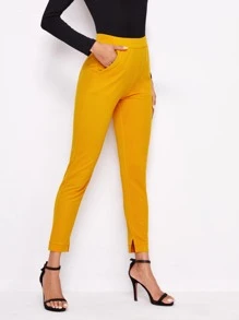 SHEIN Essnce Slant Pocket Solid Skinny Trousers - Yellow - View 4