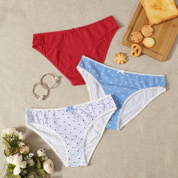 

3pack Heart Print Striped Panty Set, Multicolor